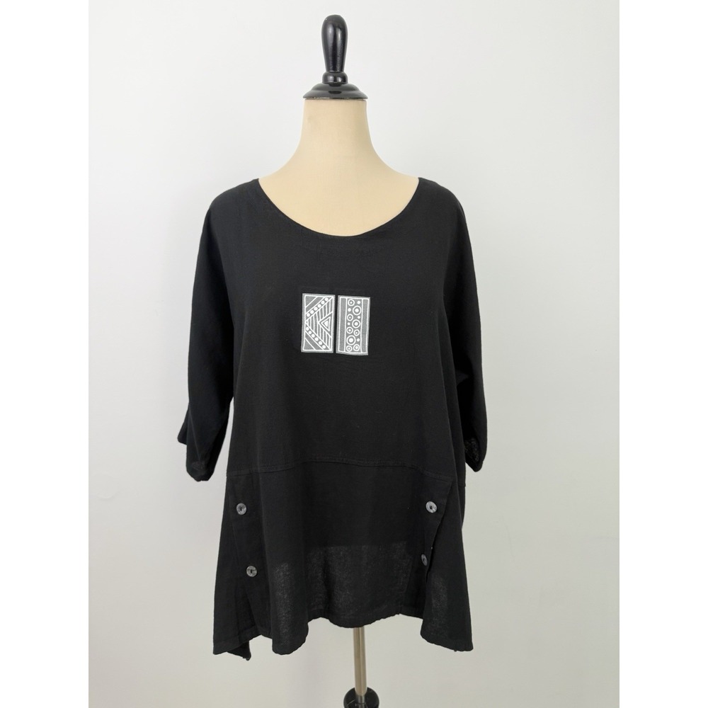 INDIGO ARTWEAR Black TOP XXL Blouse Artsy Lagenlook Boxy Indie Boho Cotton Tunic